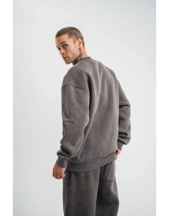 Erkek 3 İplik Pamuklu Yağ Yıkamalı Sweatshirt Double Oversize Bisiklet Yaka Uzun Kol - Füme