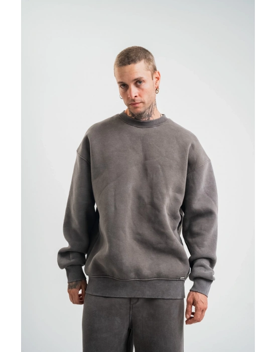 Erkek 3 İplik Pamuklu Yağ Yıkamalı Sweatshirt Double Oversize Bisiklet Yaka Uzun Kol - Füme