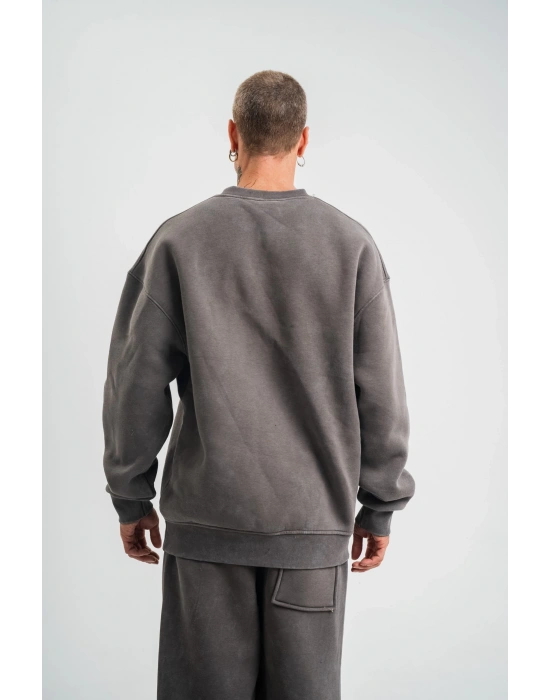 Erkek 3 İplik Pamuklu Yağ Yıkamalı Sweatshirt Double Oversize Bisiklet Yaka Uzun Kol - Füme