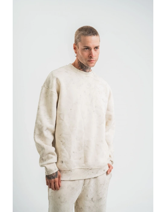 Erkek 3 İplik Pamuklu Yağ Yıkamalı Sweatshirt Double Oversize Bisiklet Yaka Uzun Kol - Krem