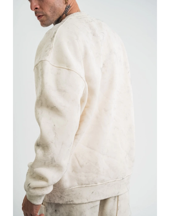 Erkek 3 İplik Pamuklu Yağ Yıkamalı Sweatshirt Double Oversize Bisiklet Yaka Uzun Kol - Krem