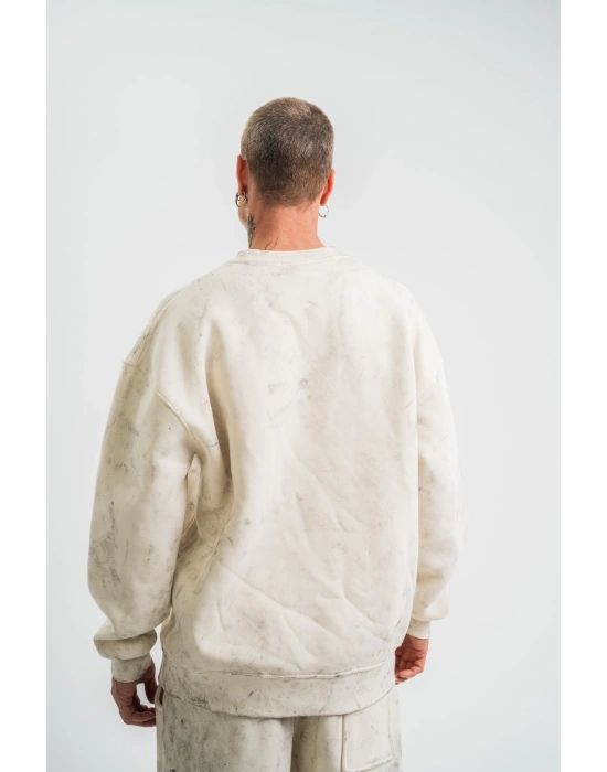 Erkek 3 İplik Pamuklu Yağ Yıkamalı Sweatshirt Double Oversize Bisiklet Yaka Uzun Kol - Krem