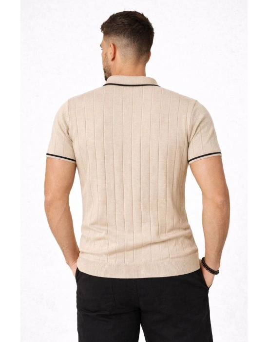 Erkek 3’lü Paket Dokuma Triko  Fermuarlı Yakalı Fitilli Kısa Kollu Regular Fit Tişört - Bej, Beyaz, Siyah