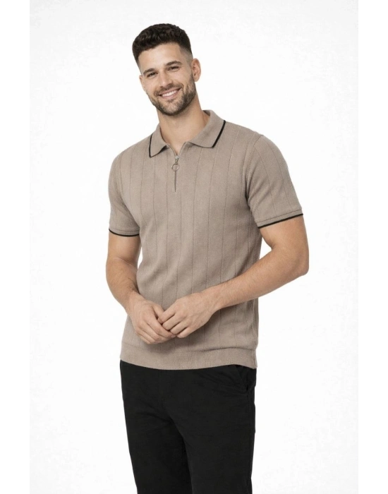 Erkek 3’lü Paket Dokuma Triko  Fermuarlı Yakalı Fitilli Kısa Kollu Regular Fit Tişört - Kahverengi, Beyaz, Siyah