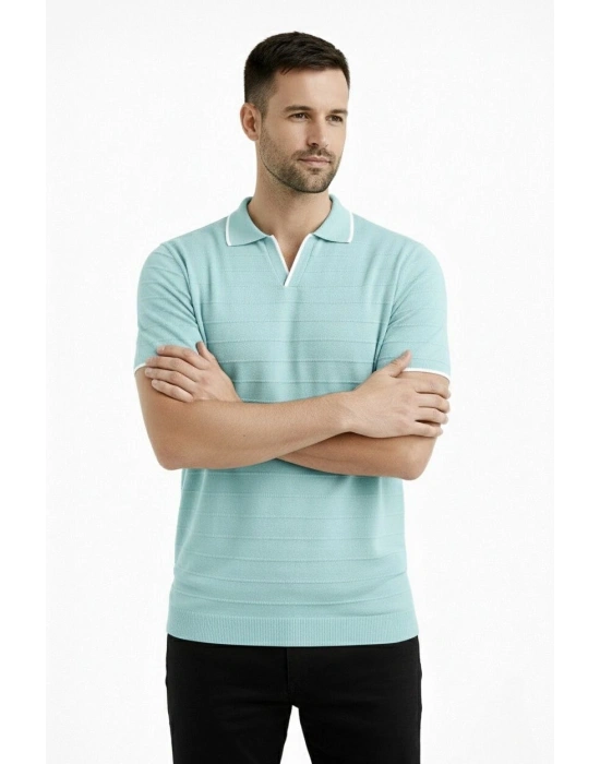 Erkek 3’lü Paket Triko Yakalı Düğmesiz Açık Yaka Fitilli Kısa Kollu Regular Fit Tişört - Bej, Beyaz, Mint Yeşili