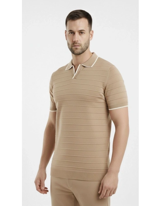 Erkek 3’lü Paket Triko Yakalı Düğmesiz Açık Yaka Fitilli Kısa Kollu Regular Fit Tişört - Lacivert, Bej, Siyah