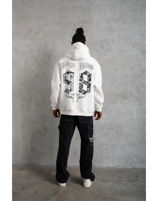Erkek 98 Baskılı Kapşonlu Sweat - Beyaz