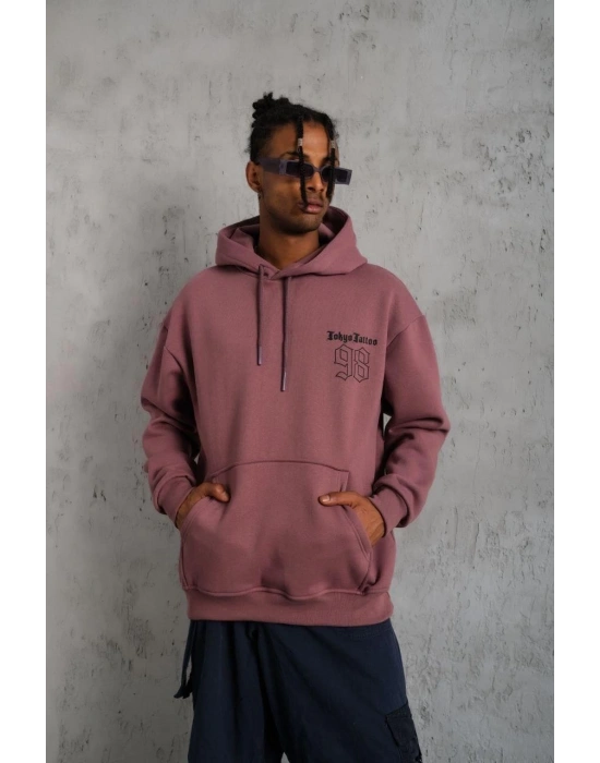 Erkek 98 Baskılı Kapşonlu Sweat - Gül Kurusu