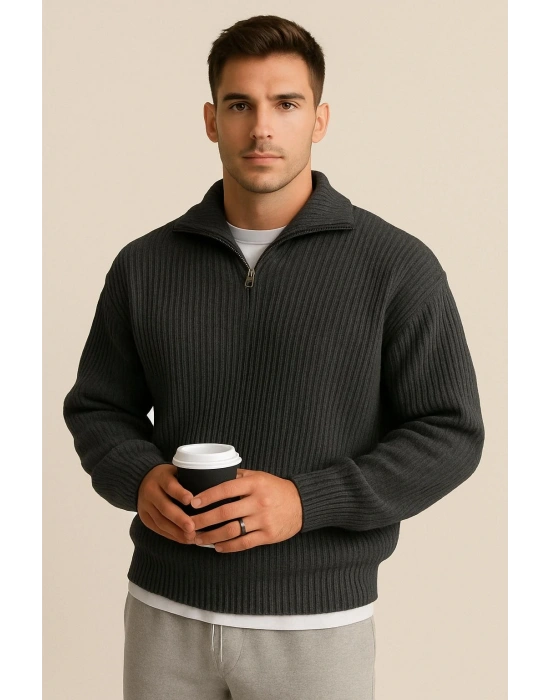 Erkek Antrasit Yarım Fermuarlı Fitilli Triko Kazak