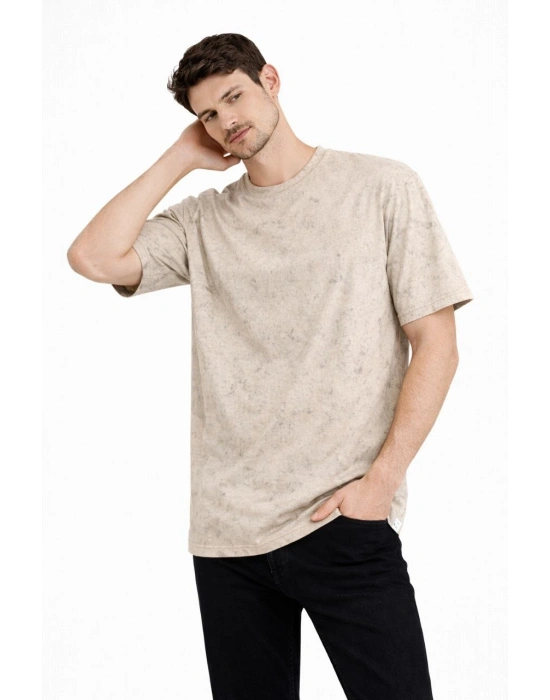 Erkek Asit Yıkama Bisiklet Yaka Kısa Kollu Oversize T-Shirt Tişört - Bej