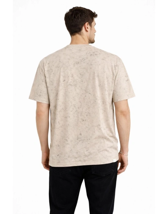 Erkek Asit Yıkama Bisiklet Yaka Kısa Kollu Oversize T-Shirt Tişört - Bej