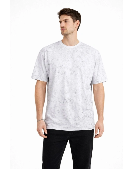 Erkek Asit Yıkama Bisiklet Yaka Kısa Kollu Oversize T-Shirt Tişört - Beyaz