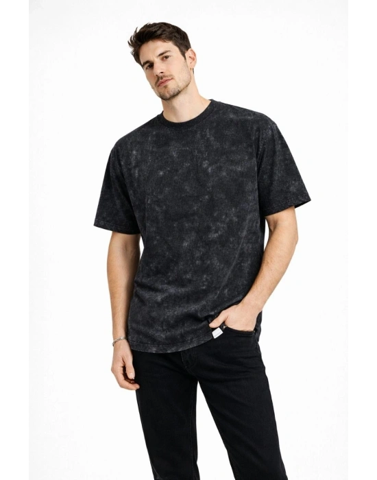 Erkek Asit Yıkama Bisiklet Yaka Kısa Kollu Oversize T-Shirt Tişört - Siyah