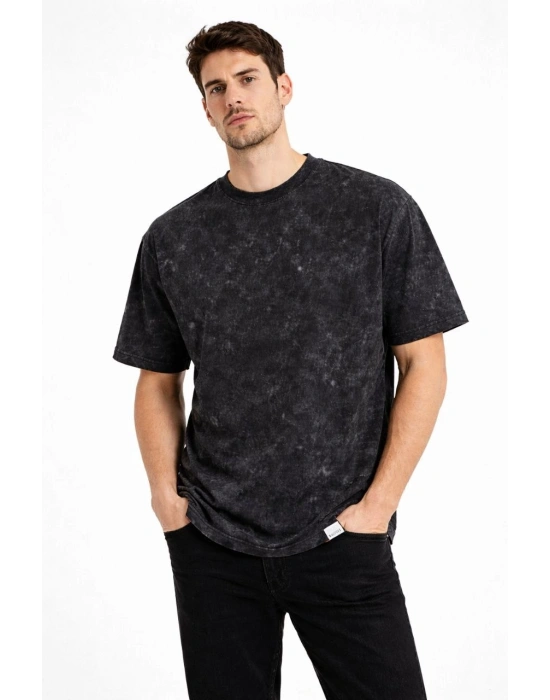 Erkek Asit Yıkama Bisiklet Yaka Kısa Kollu Oversize T-Shirt Tişört - Siyah