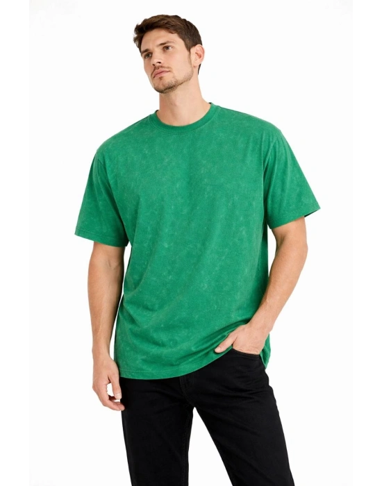 Erkek Asit Yıkama Bisiklet Yaka Kısa Kollu Oversize T-Shirt Tişört - Yeşil