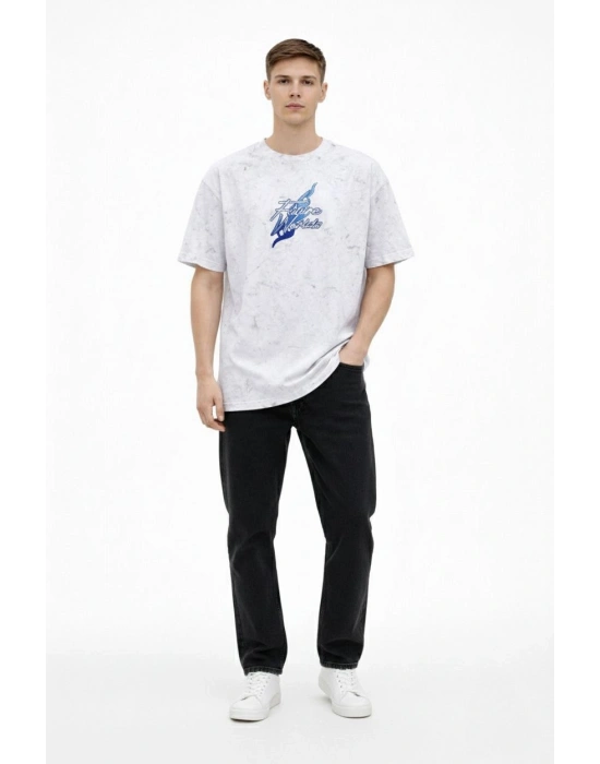 Erkek Asit Yıkamalı Oversize Tişört Future Worlds Baskılı Bisiklet Yaka Kısa Kollu Streetwear %100 Pamuk Street Style T-Shirt - Beyaz