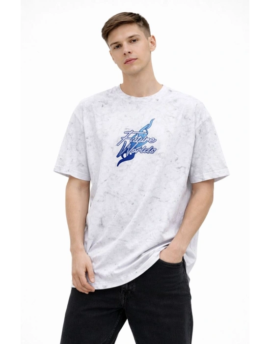 Erkek Asit Yıkamalı Oversize Tişört Future Worlds Baskılı Bisiklet Yaka Kısa Kollu Streetwear %100 Pamuk Street Style T-Shirt - Beyaz