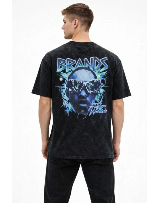 Erkek Asit Yıkamalı Oversize Tişört Future Worlds Baskılı Bisiklet Yaka Kısa Kollu Streetwear %100 Pamuk Street Style T-Shirt - Siyah