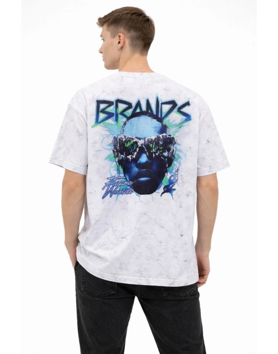 Erkek Asit Yıkamalı Oversize Tişört Future Worlds Baskılı Bisiklet Yaka Kısa Kollu Streetwear %100 Pamuk Street Style T-Shirt - Beyaz