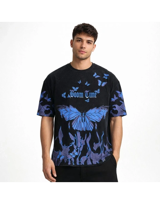 Erkek Asit Yıkamalı Oversize Tişört Mavi Kelebek Baskılı Dijital Print Bisiklet Yaka Streetwear T-Shirt - Siyah