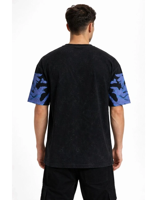 Erkek Asit Yıkamalı Oversize Tişört Mavi Kelebek Baskılı Dijital Print Bisiklet Yaka Streetwear T-Shirt - Siyah