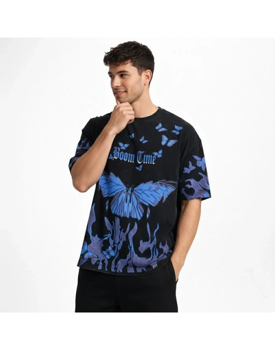 Erkek Asit Yıkamalı Oversize Tişört Mavi Kelebek Baskılı Dijital Print Bisiklet Yaka Streetwear T-Shirt - Siyah