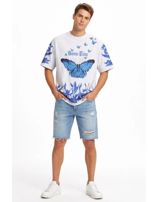 Erkek Asit Yıkamalı Oversize Tişört Mavi Kelebek Baskılı Dijital Print Bisiklet Yaka Streetwear T-Shirt - Beyaz