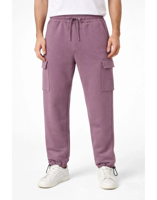 Erkek Baggy Üç İplik Kargo Cepli Eşofman Ayarlanabilir Paça Beli İpli Pantolon - Gül Kurusu