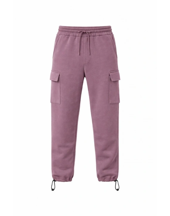 Erkek Baggy Üç İplik Kargo Cepli Eşofman Ayarlanabilir Paça Beli İpli Pantolon - Gül Kurusu