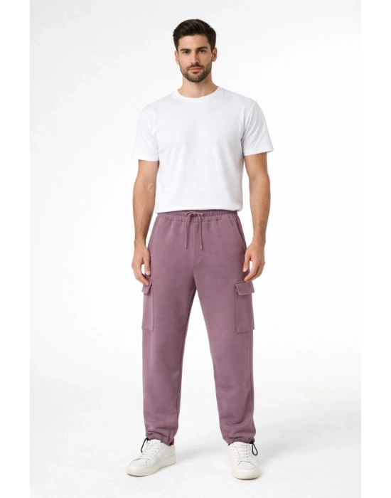 Erkek Baggy Üç İplik Kargo Cepli Eşofman Ayarlanabilir Paça Beli İpli Pantolon - Gül Kurusu