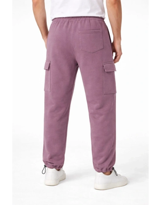Erkek Baggy Üç İplik Kargo Cepli Eşofman Ayarlanabilir Paça Beli İpli Pantolon - Gül Kurusu