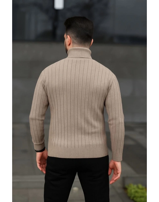 Erkek Balıkcı Yaka Bağazlı Triko Kazak Pamuklu Kalın Fitilli Dokuma, Regular Fit Uzun Kollu Kışlık Model - Bej