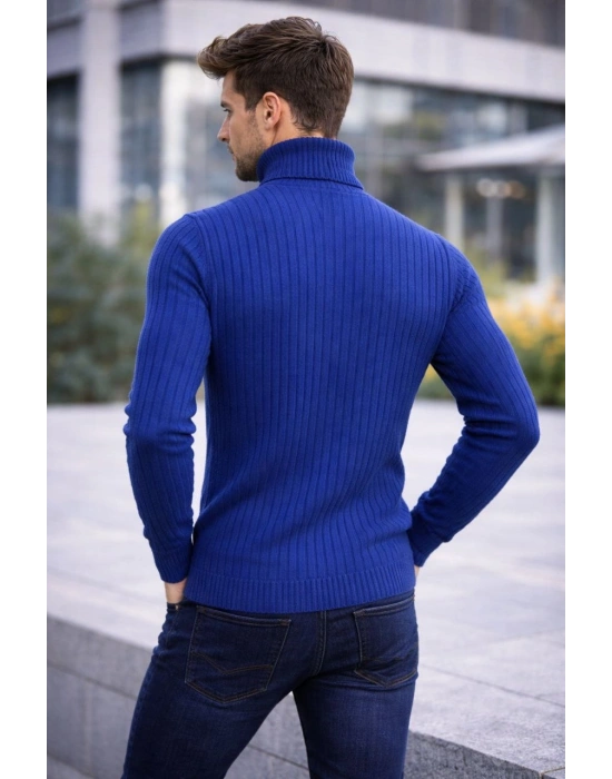 Erkek Balıkcı Yaka Bağazlı Triko Kazak Pamuklu Kalın Fitilli Dokuma, Regular Fit Uzun Kollu Kışlık Model - İndigo