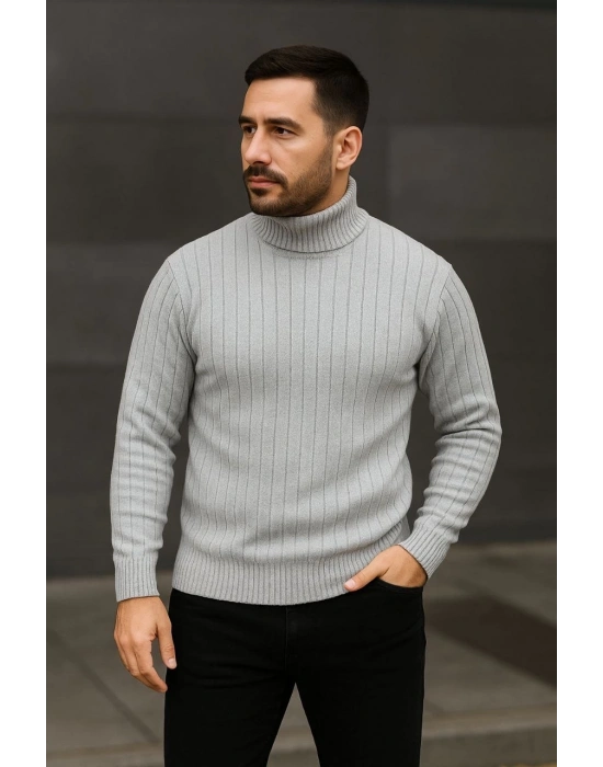 Erkek Balıkcı Yaka Bağazlı Triko Kazak Pamuklu Kalın Fitilli Dokuma, Regular Fit Uzun Kollu Kışlık Model - Gri