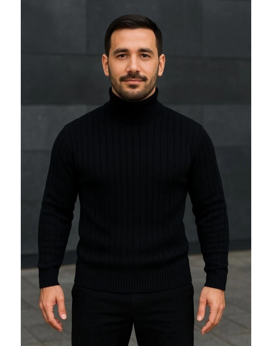 Erkek Balıkcı Yaka Bağazlı Triko Kazak Pamuklu Kalın Fitilli Dokuma, Regular Fit Uzun Kollu Kışlık Model - Siyah
