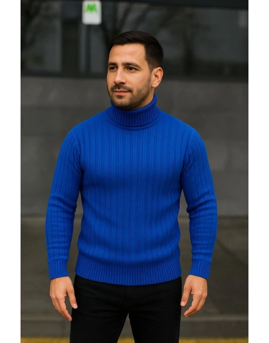 Erkek Balıkcı Yaka Bağazlı Triko Kazak Pamuklu Kalın Fitilli Dokuma, Regular Fit Uzun Kollu Kışlık Model - Saks Mavisi