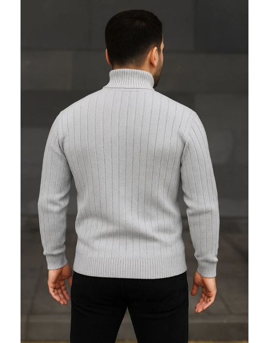 Erkek Balıkcı Yaka Bağazlı Triko Kazak Pamuklu Kalın Fitilli Dokuma, Regular Fit Uzun Kollu Kışlık Model - Gri
