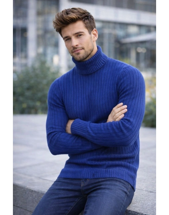 Erkek Balıkcı Yaka Bağazlı Triko Kazak Pamuklu Kalın Fitilli Dokuma, Regular Fit Uzun Kollu Kışlık Model - İndigo