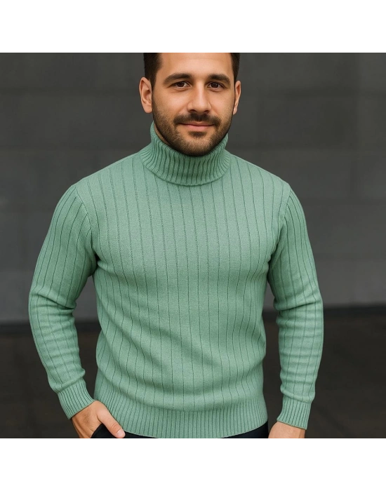 Erkek Balıkcı Yaka Bağazlı Triko Kazak Pamuklu Kalın Fitilli Dokuma, Regular Fit Uzun Kollu Kışlık Model - Mint Yeşili