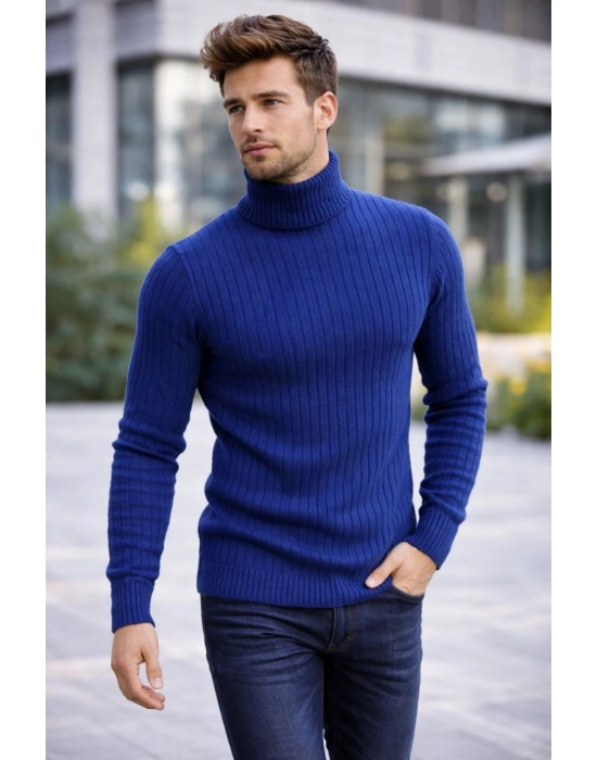 Erkek Balıkcı Yaka Bağazlı Triko Kazak Pamuklu Kalın Fitilli Dokuma, Regular Fit Uzun Kollu Kışlık Model - İndigo