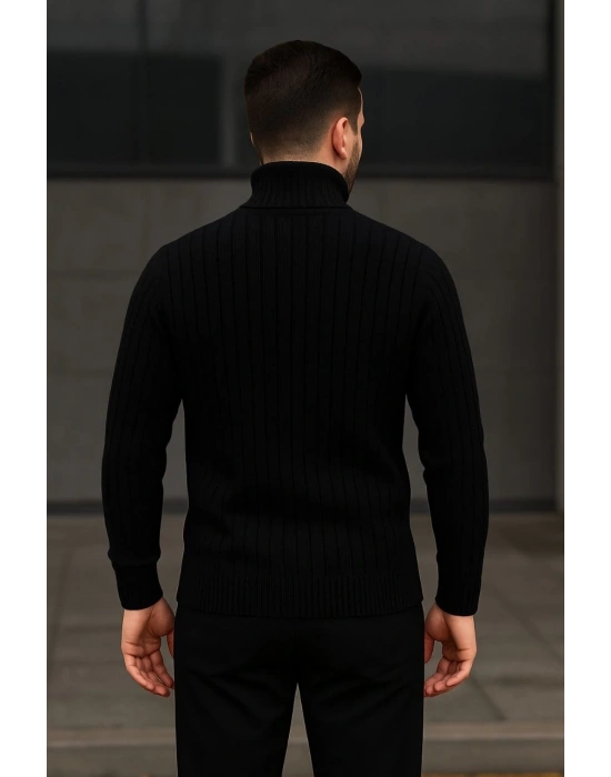 Erkek Balıkcı Yaka Bağazlı Triko Kazak Pamuklu Kalın Fitilli Dokuma, Regular Fit Uzun Kollu Kışlık Model - Siyah