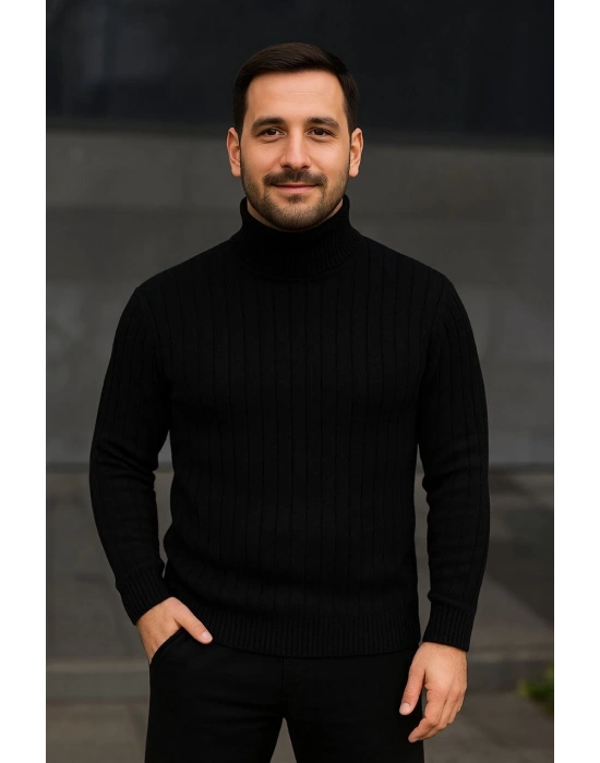 Erkek Balıkcı Yaka Bağazlı Triko Kazak Pamuklu Kalın Fitilli Dokuma, Regular Fit Uzun Kollu Kışlık Model - Siyah