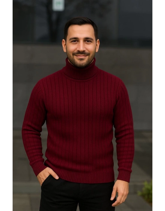 Erkek Balıkcı Yaka Bağazlı Triko Kazak Pamuklu Kalın Fitilli Dokuma, Regular Fit Uzun Kollu Kışlık Model - Bordo
