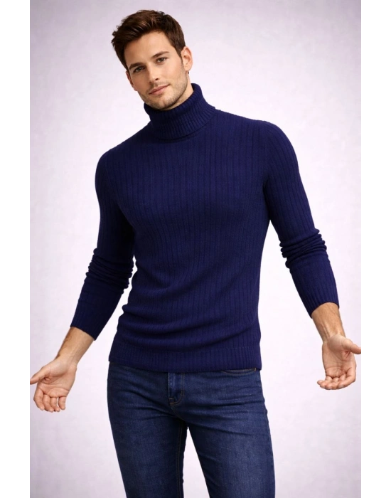 Erkek Balıkcı Yaka Bağazlı Triko Kazak Pamuklu Kalın Fitilli Dokuma, Regular Fit Uzun Kollu Kışlık Model - Lacivert