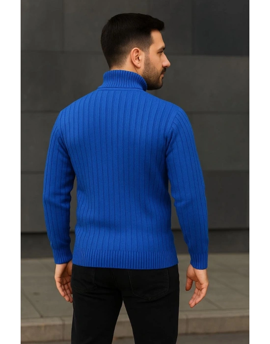 Erkek Balıkcı Yaka Bağazlı Triko Kazak Pamuklu Kalın Fitilli Dokuma, Regular Fit Uzun Kollu Kışlık Model - Saks Mavisi