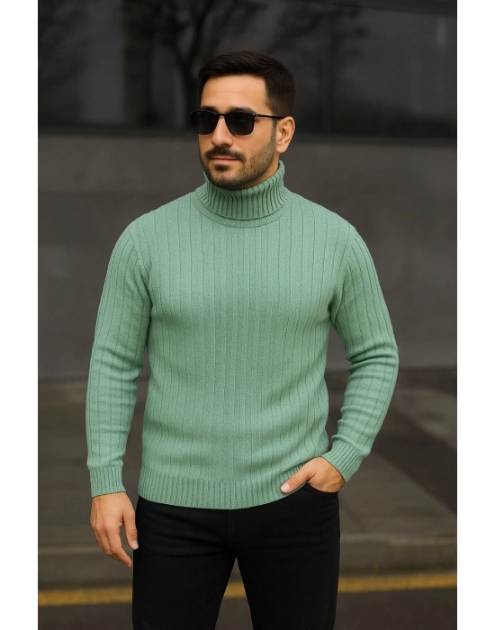 Erkek Balıkcı Yaka Bağazlı Triko Kazak Pamuklu Kalın Fitilli Dokuma, Regular Fit Uzun Kollu Kışlık Model - Mint Yeşili