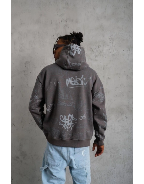 Erkek Baskılı Kapüşonlu Ribanalı Sweat - Gri