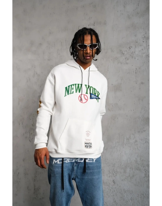 Erkek Baskılı Kapüşonlu Sweatshirt - Beyaz