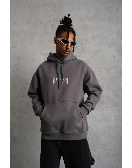 Erkek Baskılı Kapüşonlu ve Kanguru Cepli Sweat- Gri