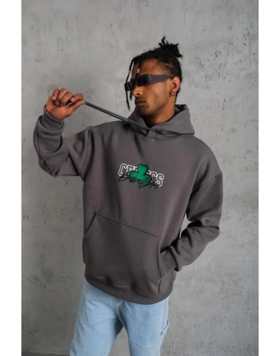 Erkek Baskılı Kapüşonlu ve Kordon İpli Sweat - Gri